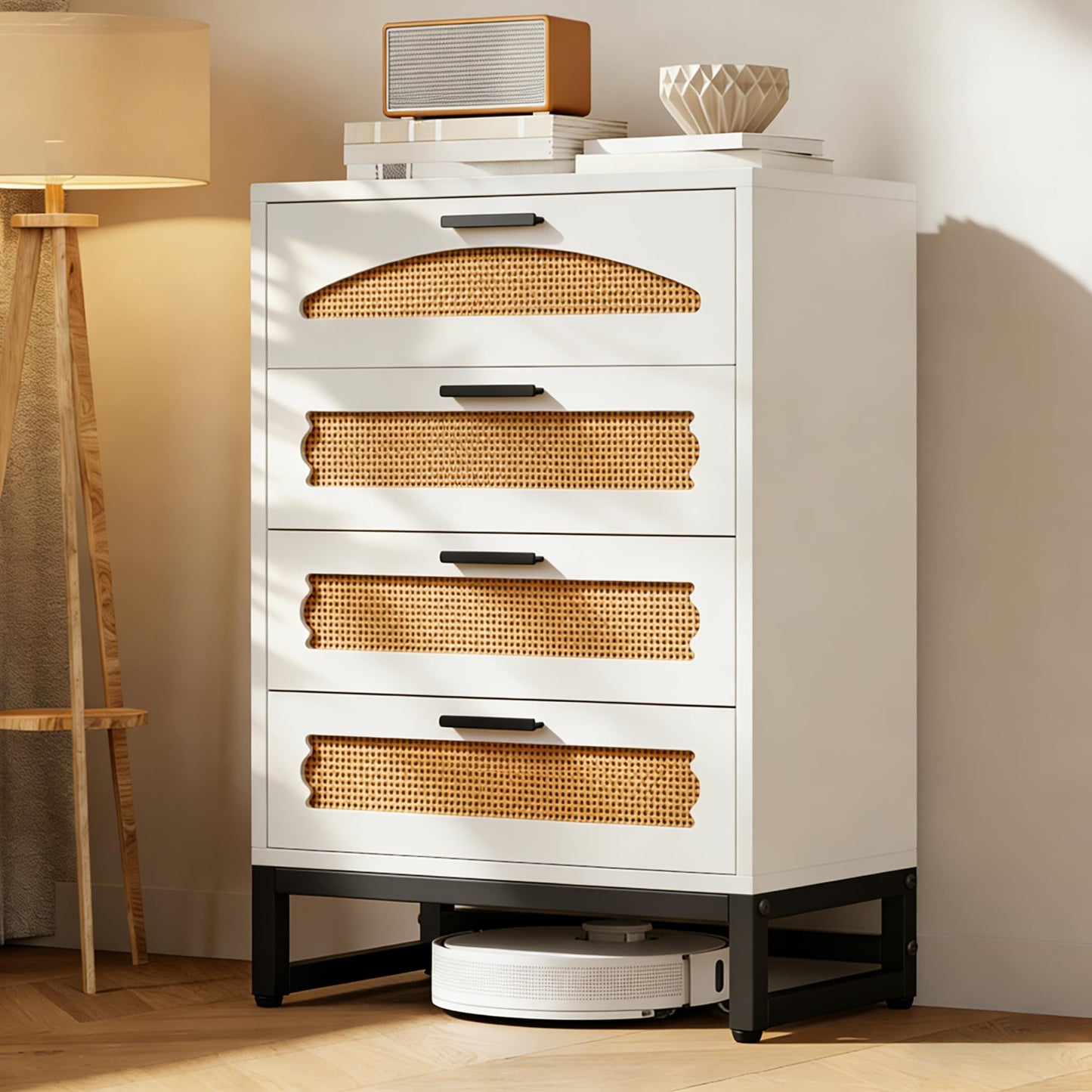 Mericonia 4 Drawer Rattan Dresser for Bedroom, Wood Tall Dresser for Closet with Metal Handles, Boho Nightstand Sets, Dressers & Chests of Drawers for Bedroom, Hallway and Entryway, White