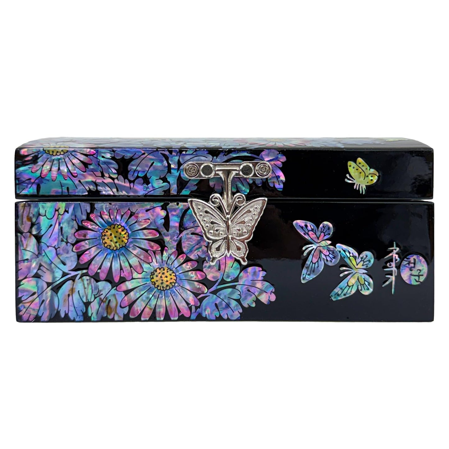 Nacreh Mother of Pearl Inlay Jewelry Box, Wooden Trinket Organizer with Compartments for Rings, Necklaces, Decorative Keepsake Gift for Women (Chrysanthemum)
