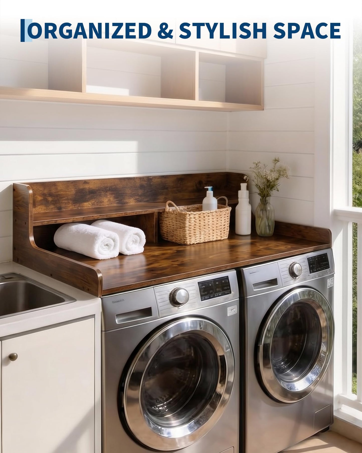 Garvee Laundry Shelf Over Washer and Dryer 54" x 27.5", Heavy Duty Wooden Countertop Topper with 12" Fences, Farmhouse Decor Organizer Table for Laundry Room - Walnut Finish