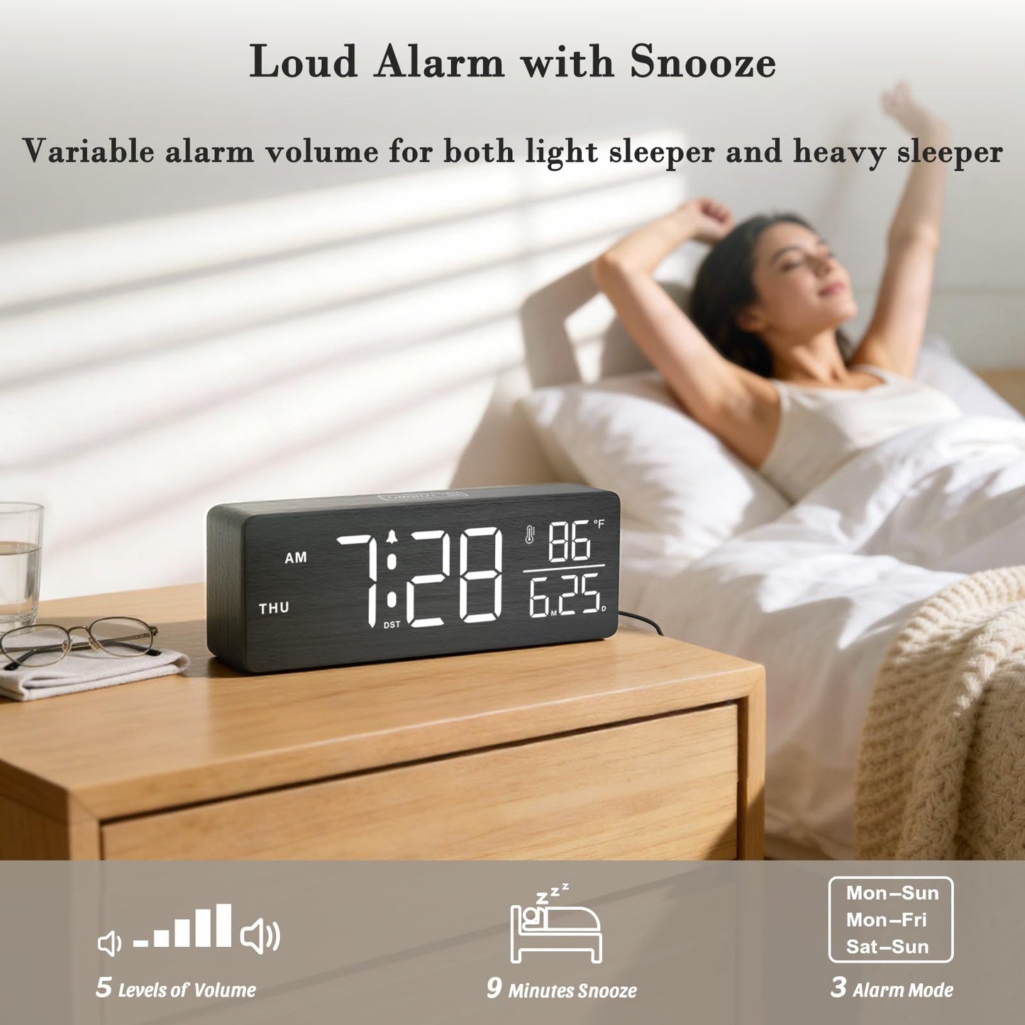 DreamSky Wooden Digital Alarm Clock with Date & Day of Week for Bedroom