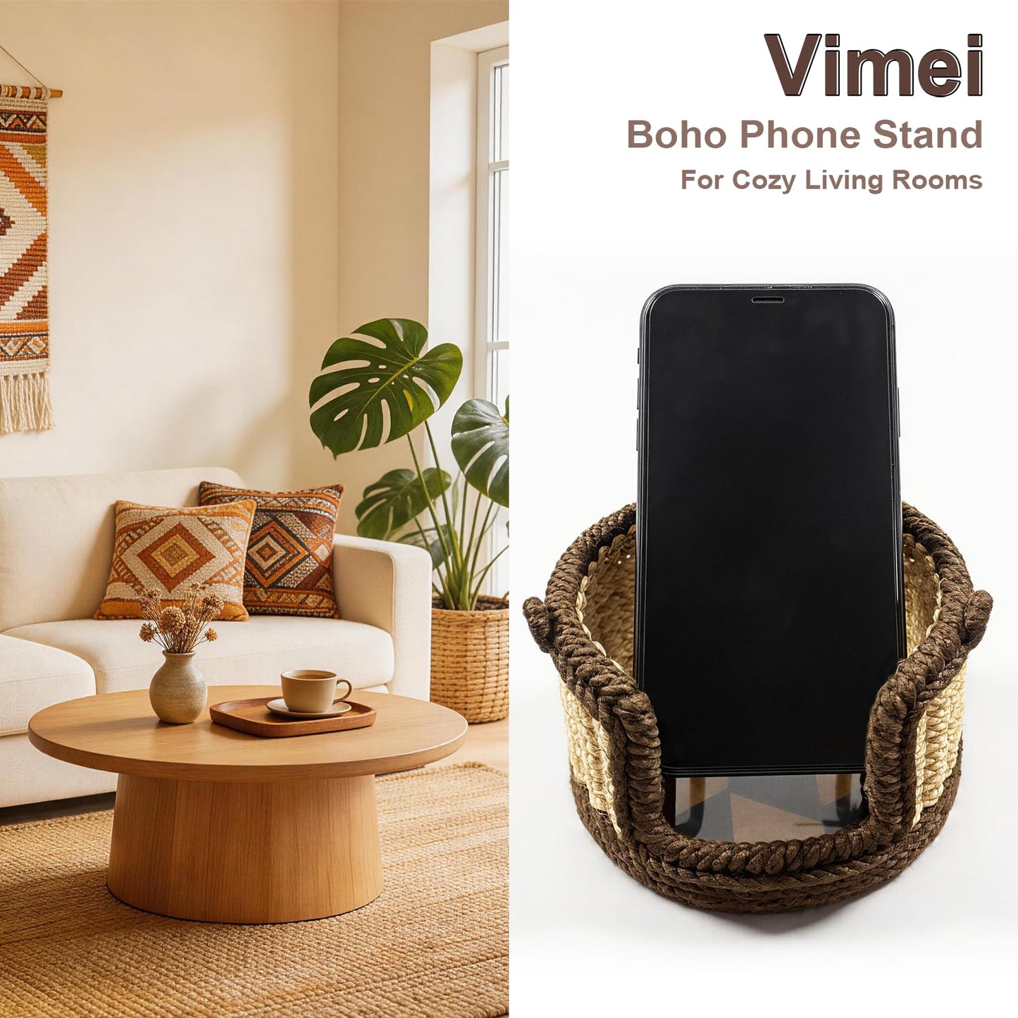 Vimei Handwoven Hemp Rope Phone Stand, Boho Desktop Holder