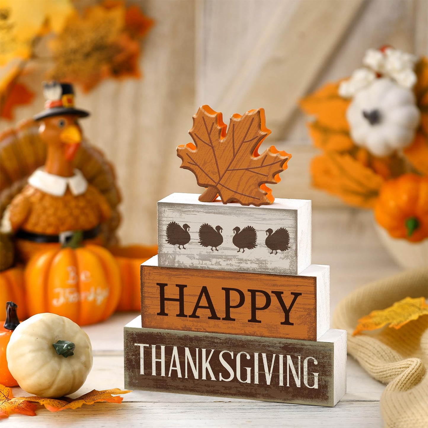 Briwooody 4 Pcs Fall Table Decoration Wooden Reversible Maple Leave Fall Tiered Tray Decor Thanksgiving Centerpiece Rustic Maple Leaves Block Signs Farmhouse Autumn Decoration for Home Kitchen