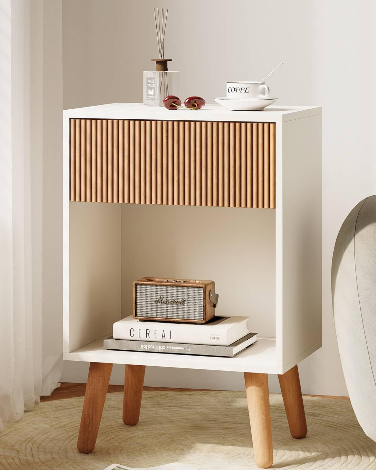 Fluted Nightstand, Modern Bedside Table with Storage Drawers and Open Wood Shelf, Night Stand with Solid Wood Legs, End Tables Side Tables for Living Room, Bedroom