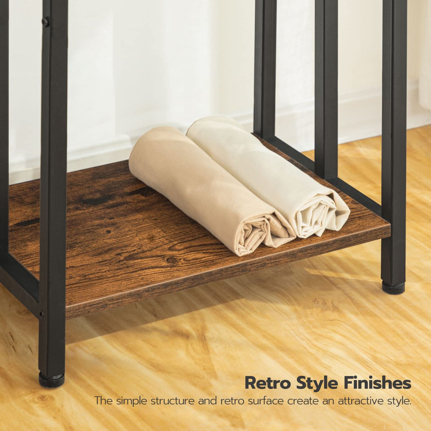 HOOBRO Free Standing Towel Rack, 3 Tier Blanket Rack, Blanket Holder for Bathroom, 16.9" L x 11" W x 31.9" H, Industrial Metal Drying and Display Rack with Shelf, Rustic Brown and Black BF03LB01
