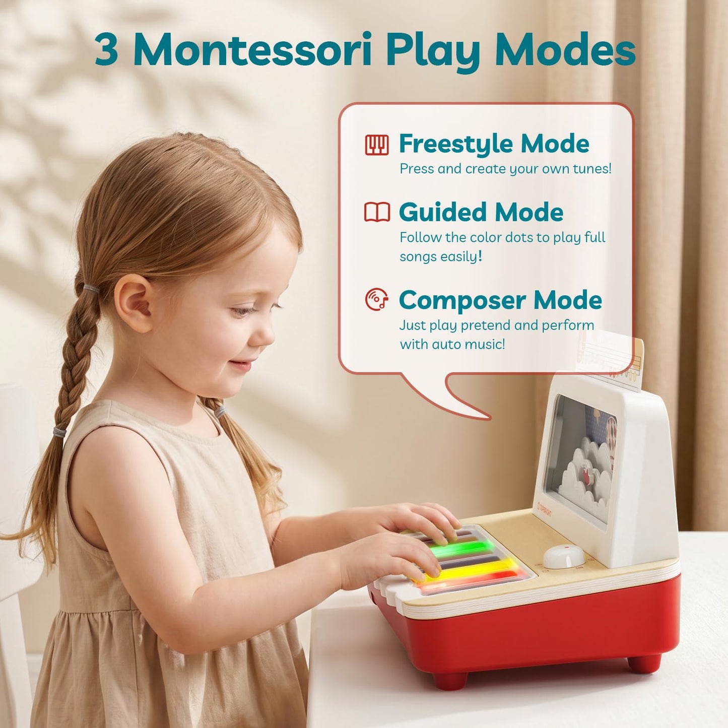 TOPBRIGHT Wooden Toy Piano for Kids, Keyboard Piano with 12 Songs, 3 Modes & Recording, Musical Instrument Learning Toys for Toddlers 1-3, Birthday Gifts for 1+ Year Old Baby Boys Girls -FSC Certified