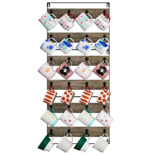 IBUYKE Wall-Mounted Mug Rack Set of 3, 24-Hook Large Coffee Display Organizer for Kitchen, Home, Bar, Coffee Station - Rustic Wood, Greige TBJ005Y-3