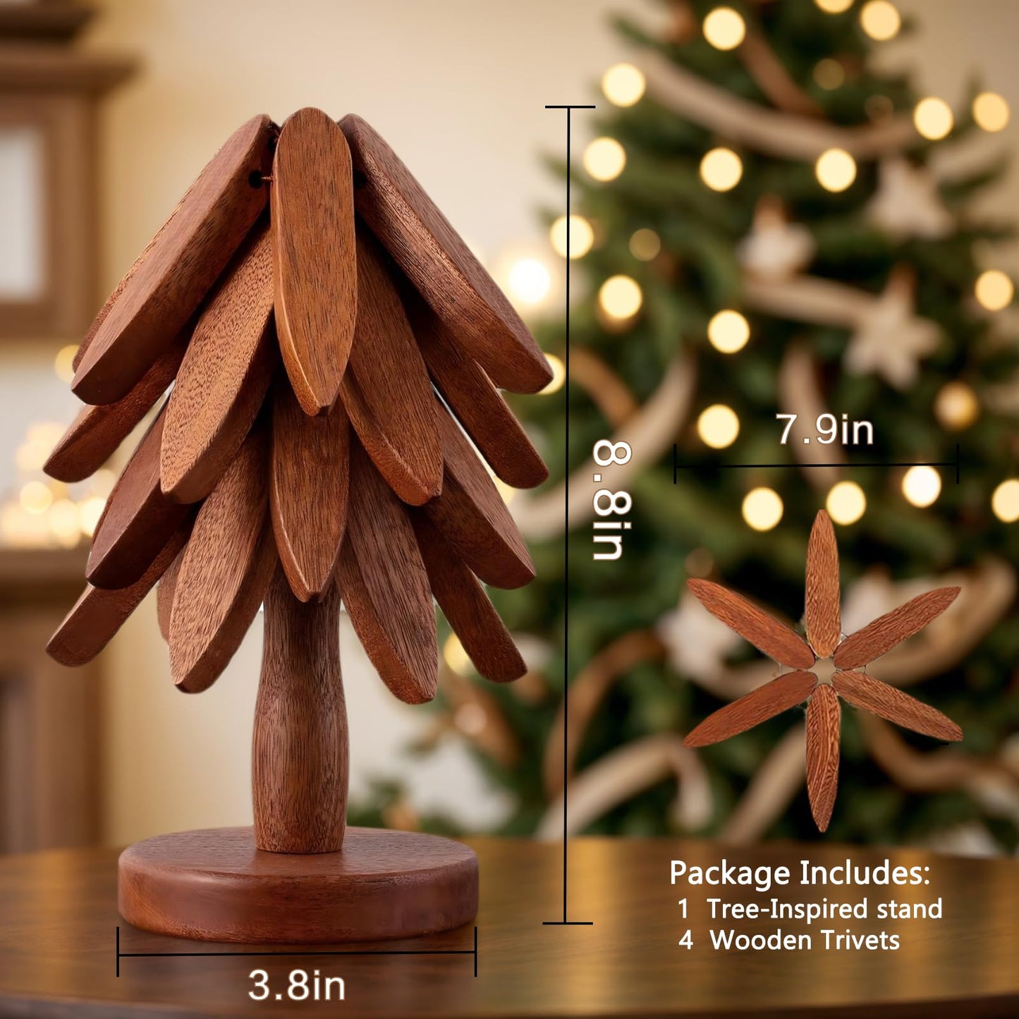 Wooden Trivets for Hot Dishes,Tree Trivet Set,Tree Coasters Set of 4,Treevet Coaster Set,Trivets for hot pots and Pans，4 treevot Coaster +1 Stand for Pot, Bowl, Teapot (Walnut Wood, 4Trivet)
