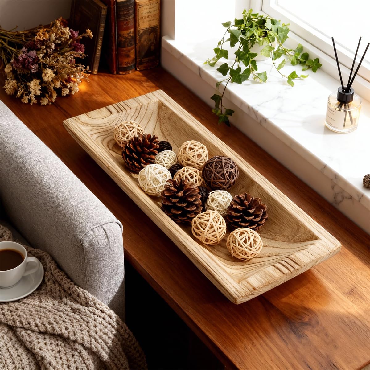 ZJSYTQS Wooden Decorative Dough Bowl For Home Decor, long Wooden Bowl for EntryWay Table,Coffee Table Decor for tv stand, Living Room,Kitchen Table Centerpieces(White)