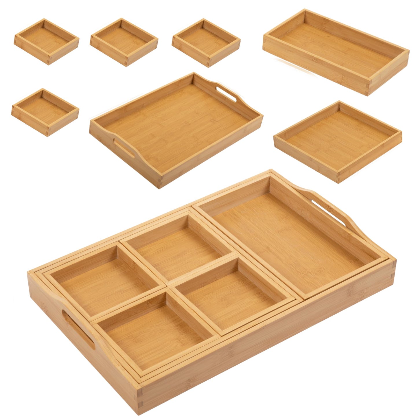 MAPLE MILL - Wooden Tray with Handle - Set of 7 Bamboo Trays for Serving Food - for Breakfast in Bedroom, at Dinner or Coffee Table - Decorative Bamboo Tray
