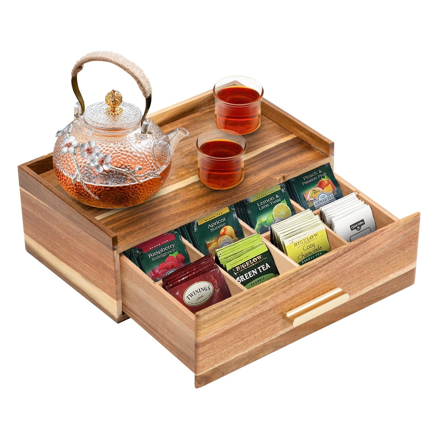 Tea Bag Organizer, Acacia Wood Tea Organizers and Storage Box, Tea Bag Holder Station Caddy Container for Countertop, Tea Accessories Gift Box with Drawer