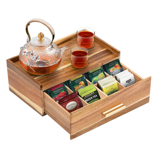 Tea Bag Organizer, Acacia Wood Tea Organizers and Storage Box, Tea Bag Holder Station Caddy Container for Countertop, Tea Accessories Gift Box with Drawer
