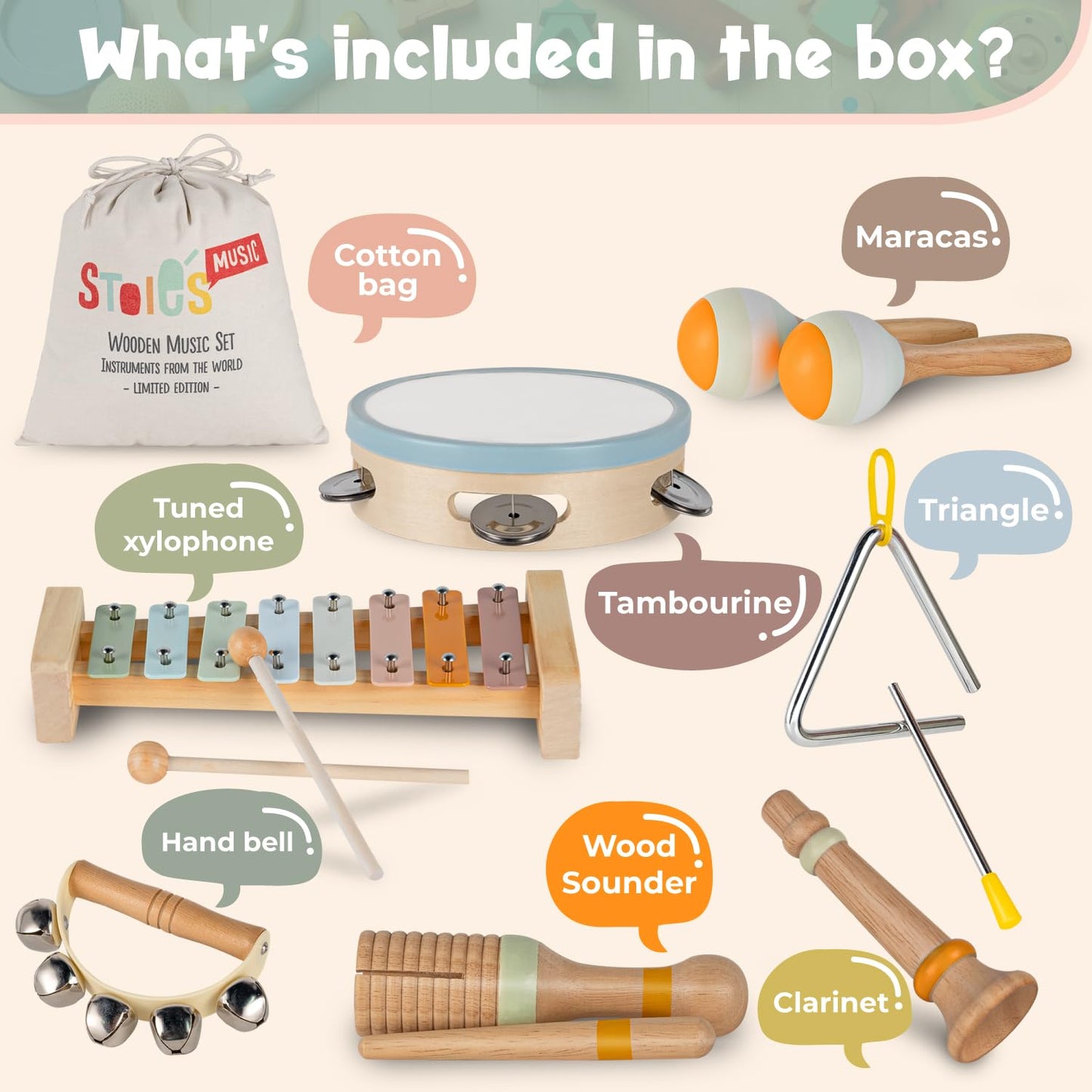 Stoie's Wooden Toddler Musical Instruments with Xylophone, Maracas, Triangle, Tamburine for Babies and Kids, Eco Friendly Montessori Educational Toy
