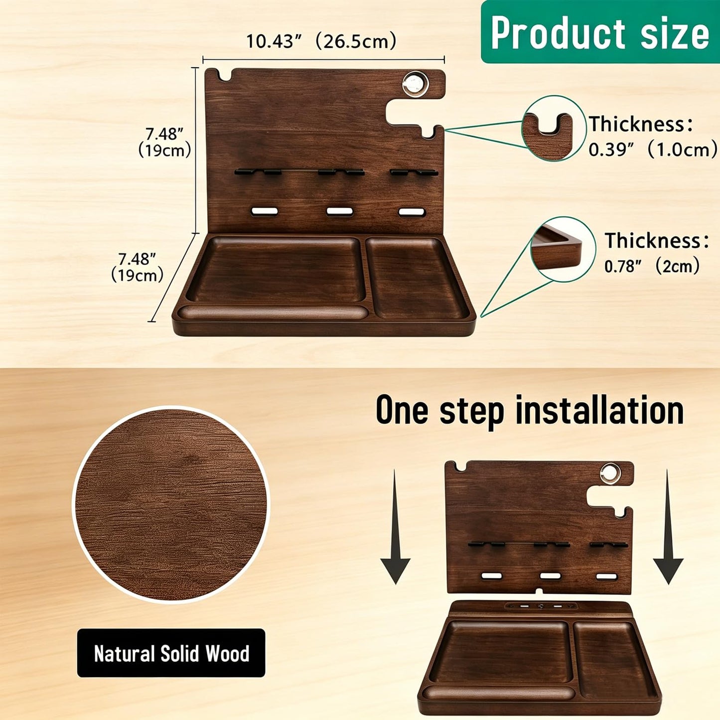 Xunhomon Wood Phone Docking Station Nightstand Organizer Charging Station with QC 3.0 & PD22.5W Fast Charger for iPhone Samsung Android Watch Airpod Anniversary Birthday Gifts for Men