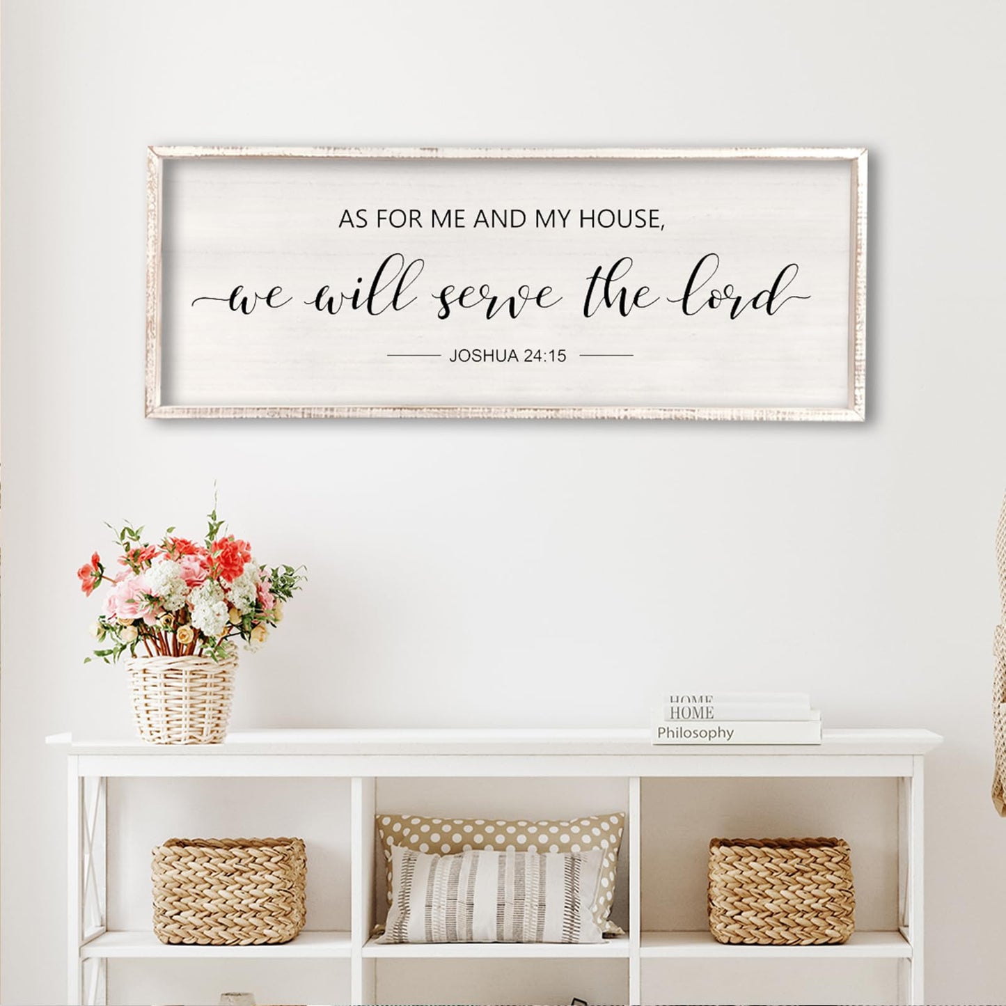 comurdyo As For Me And My House We Will Serve The Lord Wall Decor 32" x 12" Bedroom Above Bed Sign Large Rustic Farmhouse Wood Framed Bible Verse for Religious Scripture Christian Wall Art (White)