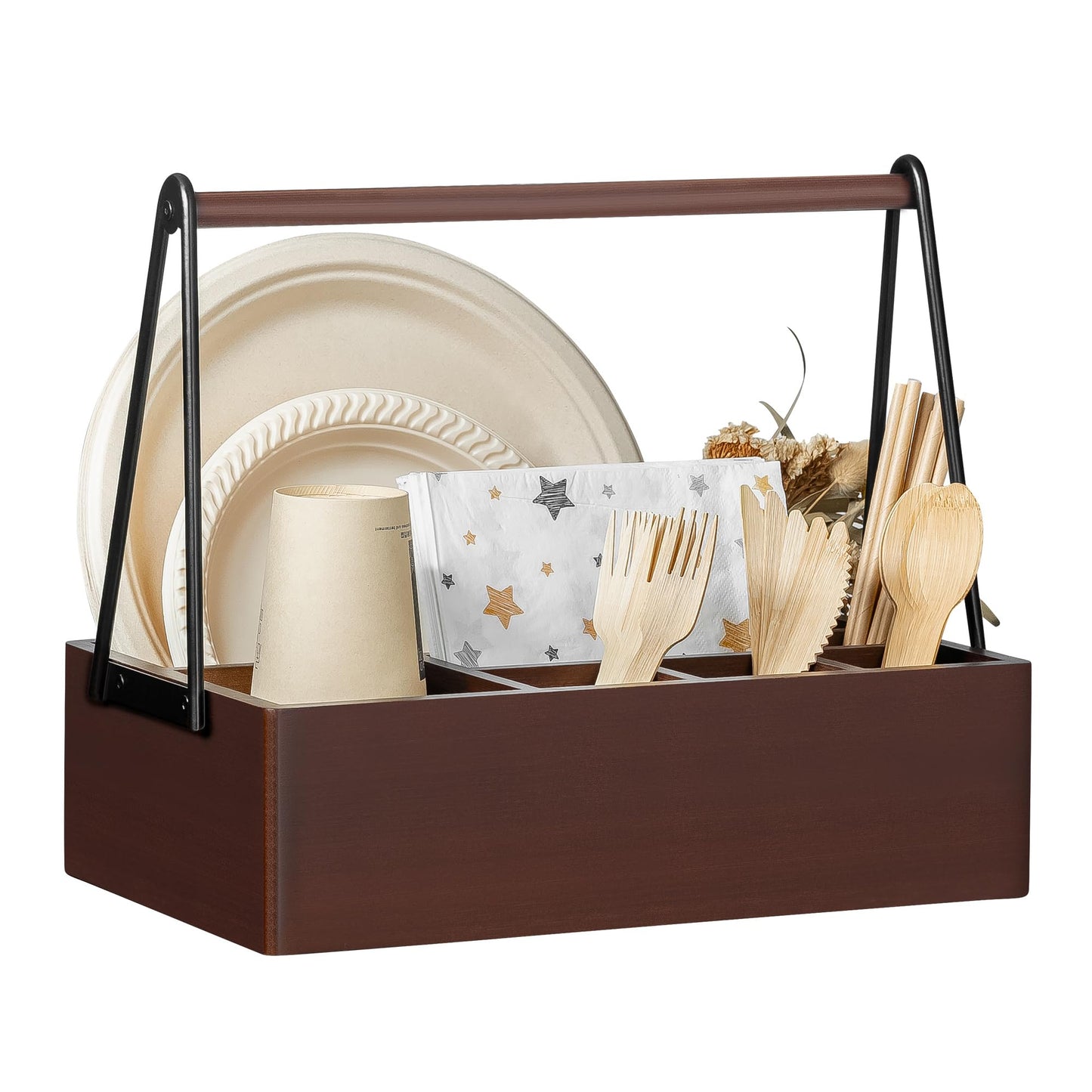 PTSTING Silverware Caddy with Handle Acacia Wood Utensil Holder Paper Plate Dispenser for Countertop Flatware Organizer Box for Spoons Forks Plates Cups Napkins