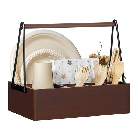 PTSTING Silverware Caddy with Handle Acacia Wood Utensil Holder Paper Plate Dispenser for Countertop Flatware Organizer Box for Spoons Forks Plates Cups Napkins
