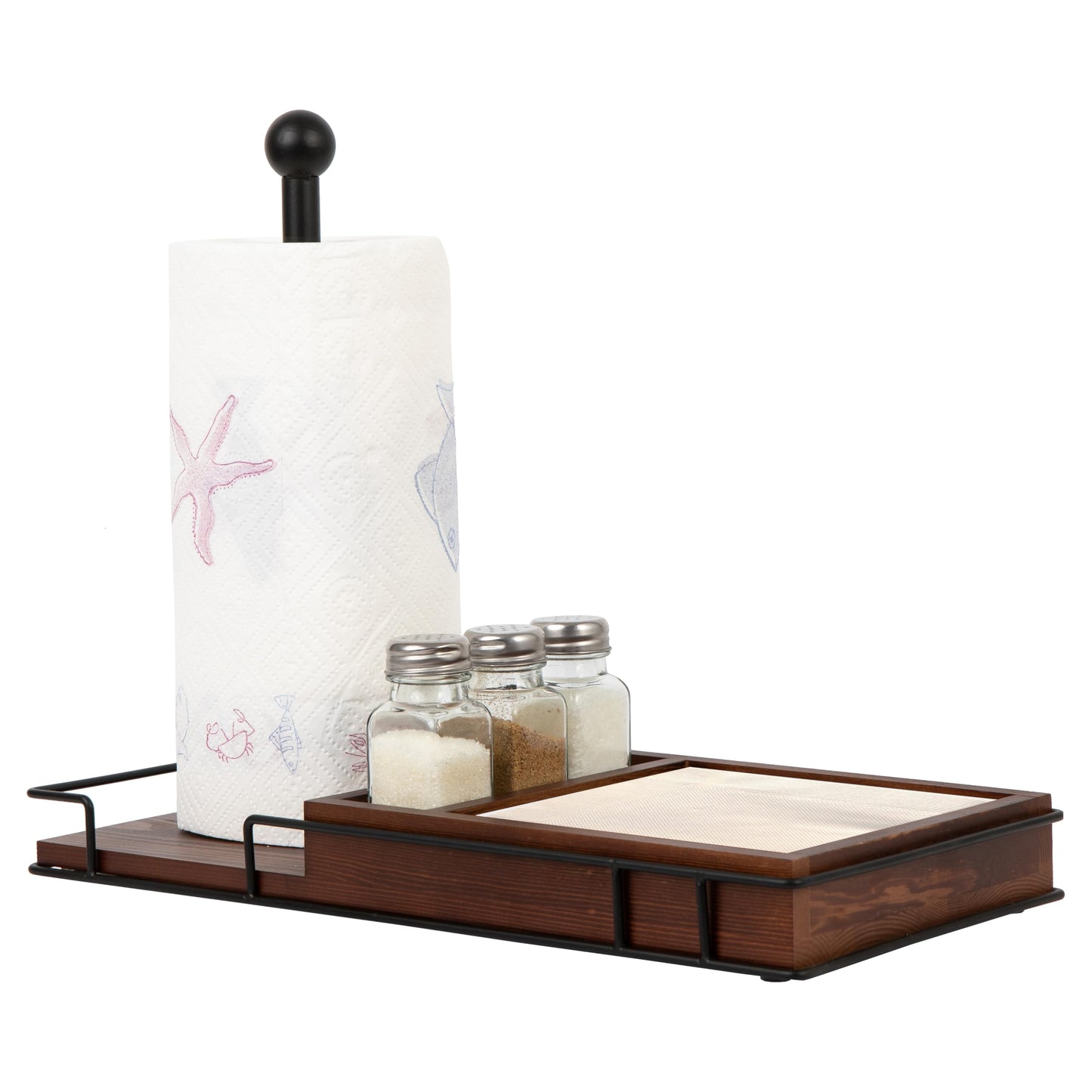 ExoLiry Rustic Brown Wooden Kitchen Countertop Paper Towel Roll Holder Spice Jar Rack Shakers Vintage Brass Metal Design Napkin Dispenser Dining Table Caddy Organizer Condiments Home Outdoor Picnic