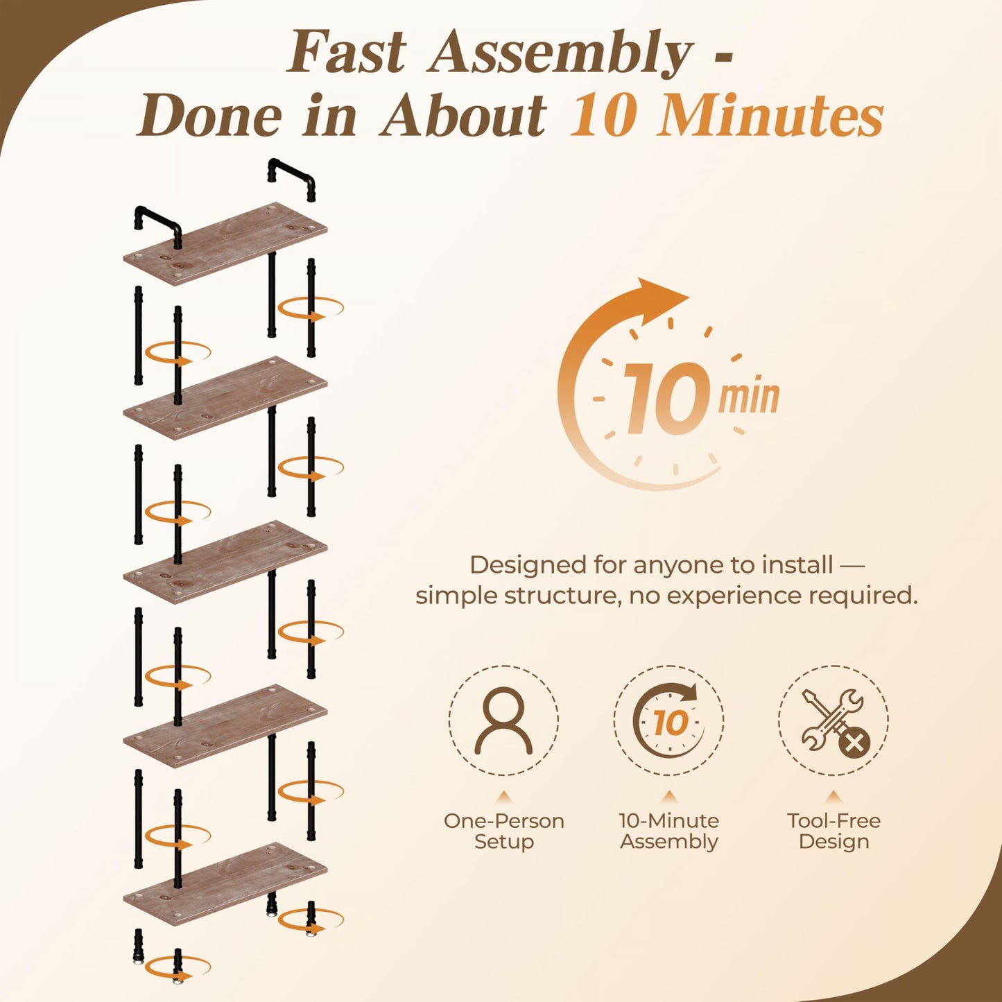 Anynice Industrial Bookshelf, Rustic Open Bookcase, 5 Tier Wood and Metal Bookshelf, Solid Pine Wood and Iron Pipe Tall Narrow Storage Shelf for Living Room Bedroom Office Kitchen