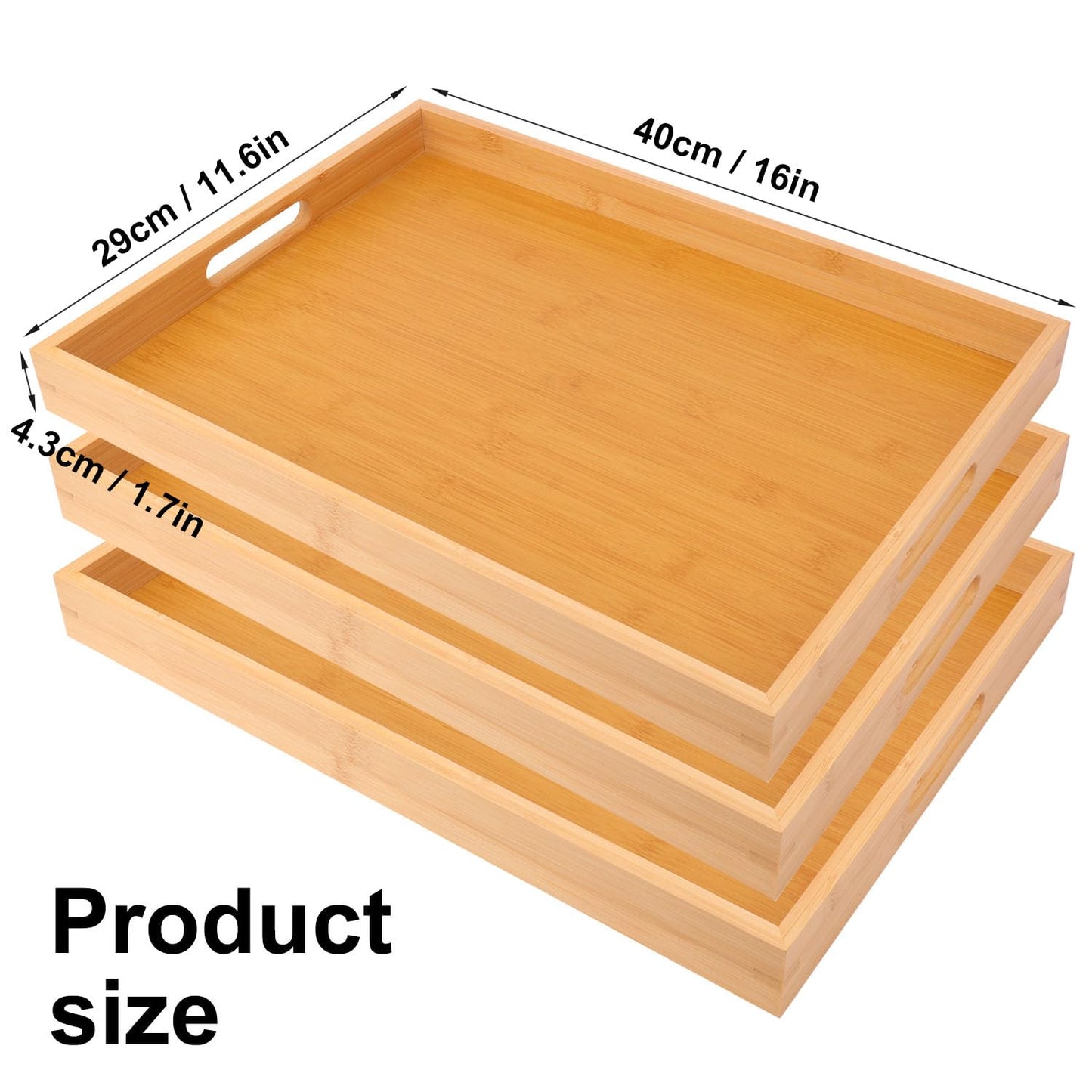 Geytetqi 3 Pack Large Bamboo Serving Tray with Handles - 16 x 11.6 Inch Wooden Dinner Tray, Home Kitchen Decorative Tray, Breakfast Trays for Eating on Couch, Lap Trays, Coffee, Kitchen, Picnic