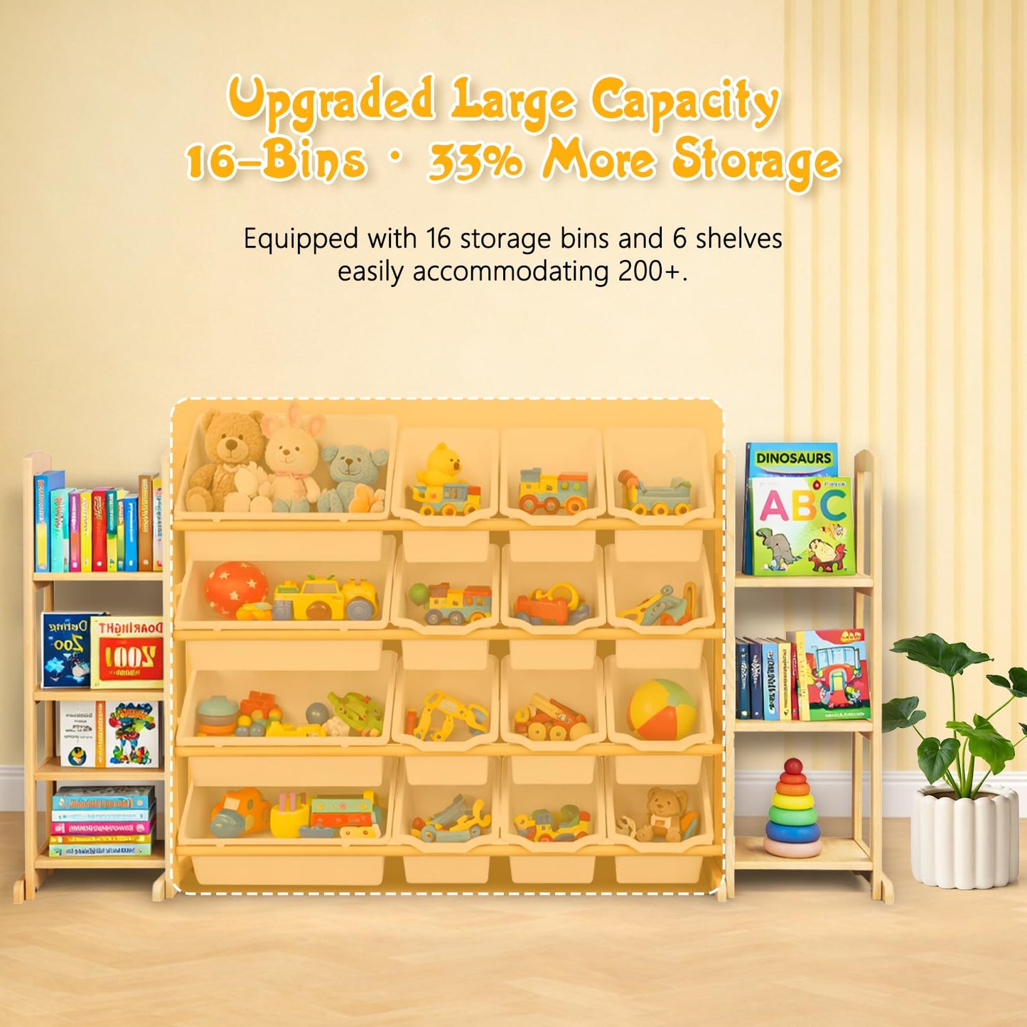 Etitlly Kids Toy Storage Organizer with Bookshelf – Wooden Shelf with 16 Bins & 6 Shelves, Quick Assembly Storage Rack for Playroom, Bedroom, Nursery - White