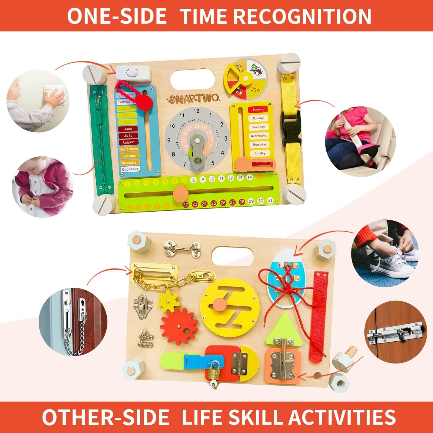 Smartwo Montessori Busy Board for Toddlers 3-5, Large Wooden Sensory Board with 20+ Learning Activities, Fine Motor Toy, Double-Sided Travel Busy Board for Preschool Boys & Girls