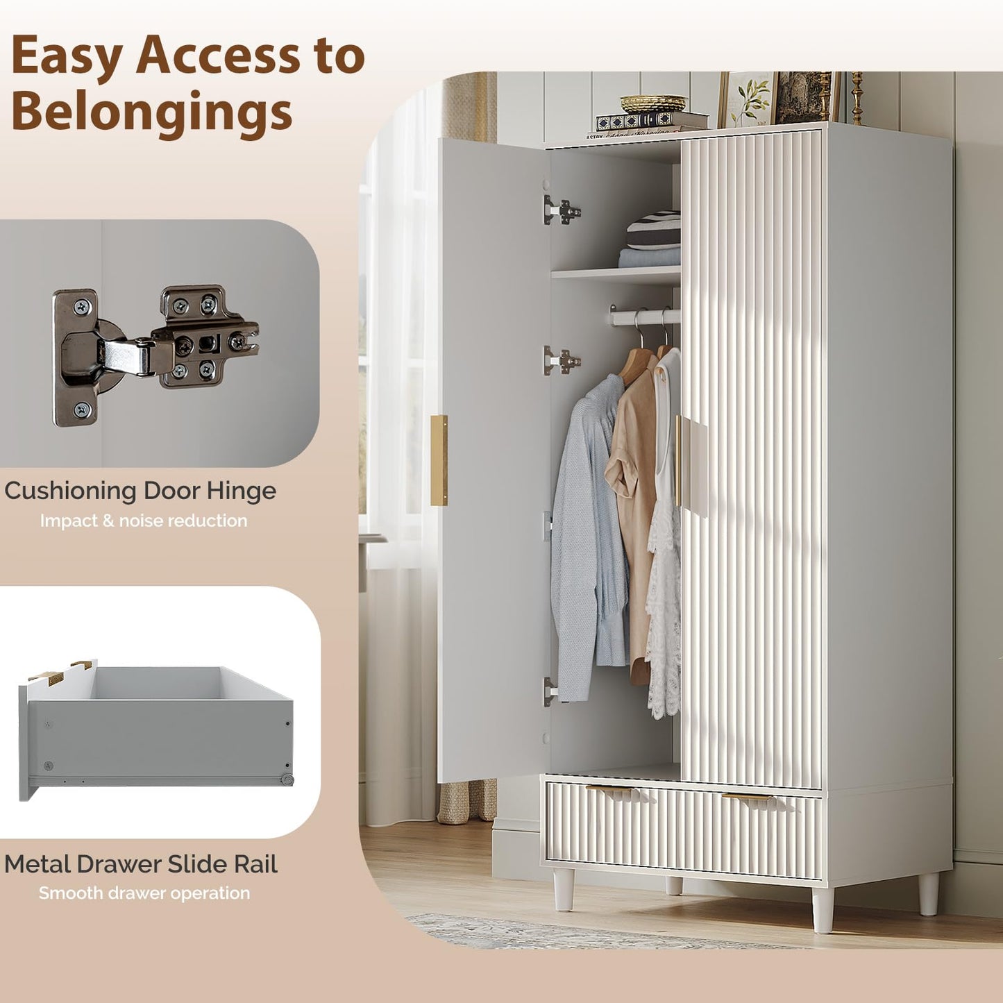 VINGLI Fluted Wardrobe Closet Armoire with Doors And Drawers, White Wardrobe Cabinet with Hanging Rack, Bedroom Closet Wood, Free Standing Armoire with Shelf and Solid Wood Legs, 31.5"W*19.7"D*69.3"H