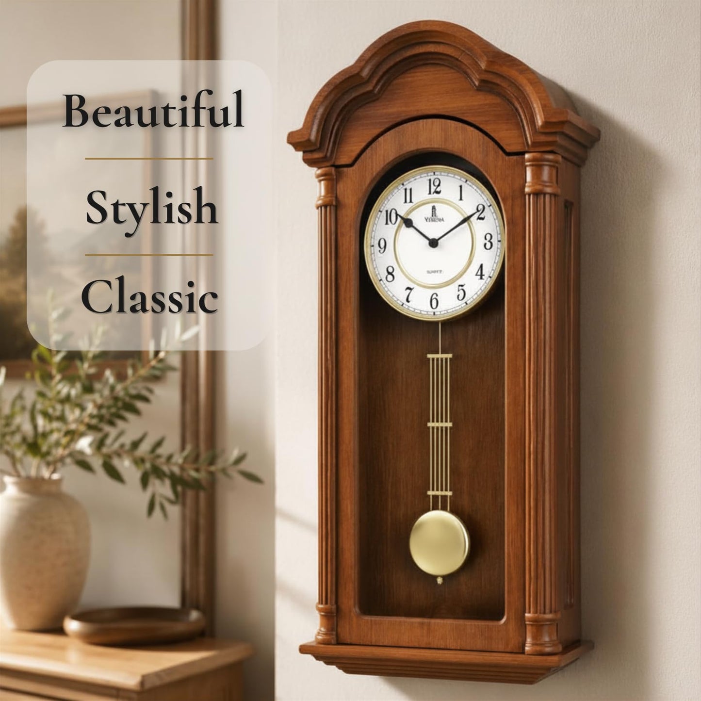 Grandfather Wall Clock with Pendulum — Large Hanging Wooden Battery Operated Non-Chiming Clock 26 x 12 inch - Quiet, Solid Wood Clock for Living Room, Entryway & Home Décor