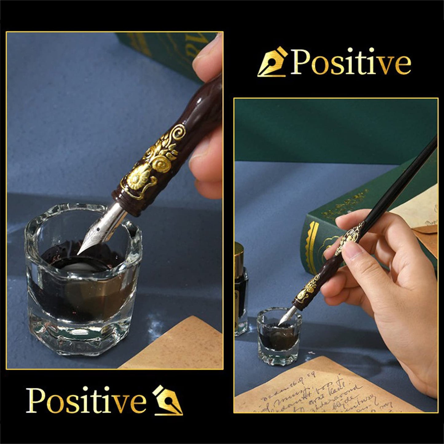 Joyeee Wooden Dip Pen Set with Ink, Vintage Letter Opener Knife, Desk Pen Holder, Tealight Candles, Idea for Writing, Drawing, Signatures, Art Gifts, Envelope Wax Seal Kit with Gold Wax Seal Beads