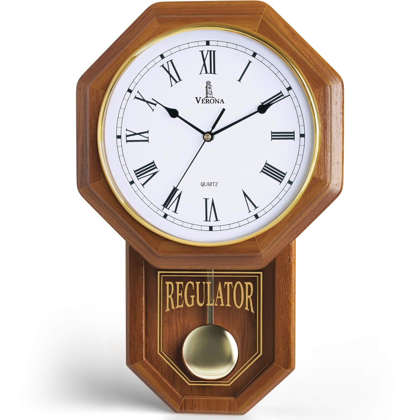 Pendulum Wall Clock Battery Operated - Real Wood Regulator Clock - Schoolhouse Design with Pendulum - Quiet, Non-Chiming - Wooden Wall Decor for Living Room Decor, Home, Office and Gift 18x11