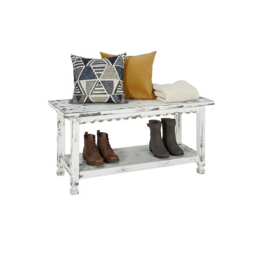 Country Cottage 36-Inch Farmhouse Entryway Bench with Storage Shelf – Solid Pine Wood Bench in Distressed White for Hallway, Bedroom, or Mudroom by Alaterre Furniture