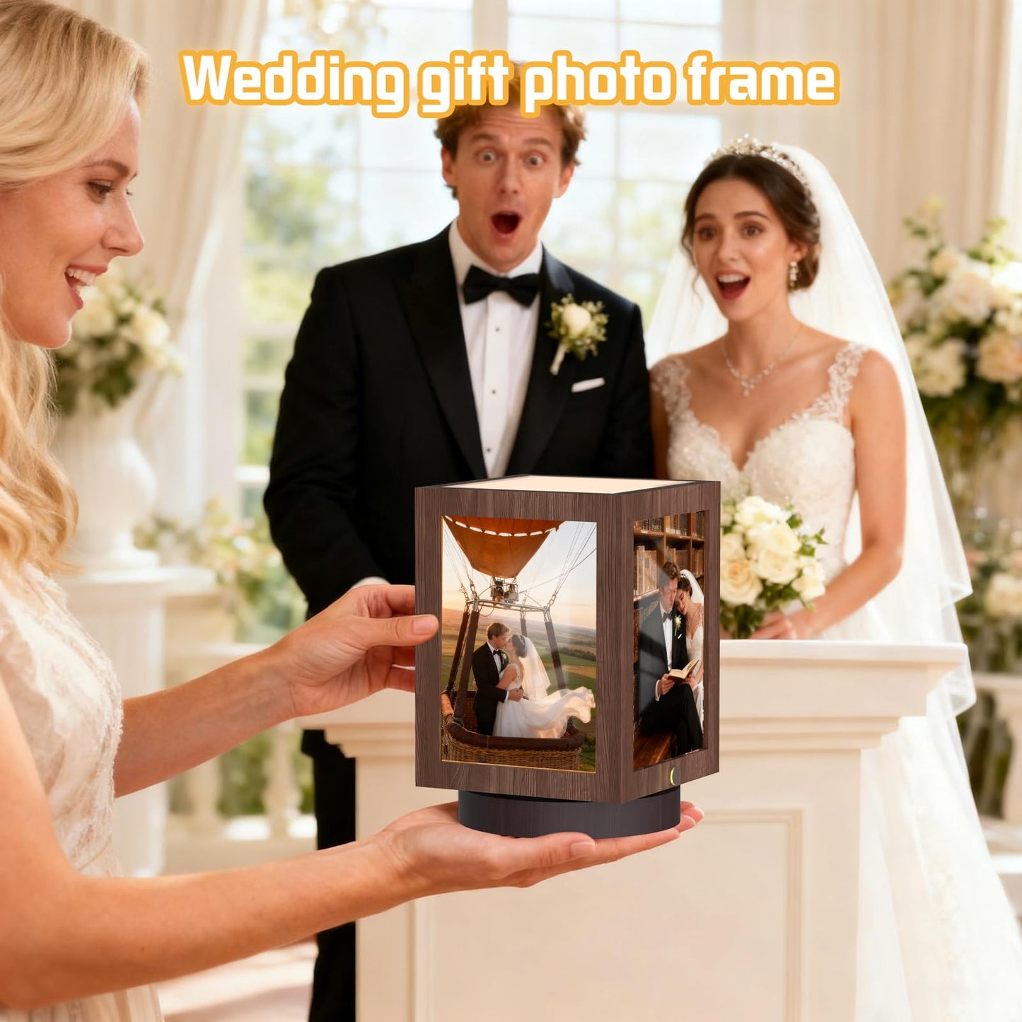 Mixoo 4x6 Picture Frame Light, Vintage Rotating Photo Frame Tabletop Lamp, Touch Desk Lamp for Bedroom Bedside, Table lamps for Office Family Retirement Anniversary Birthday Gifts (Wooden Brown)