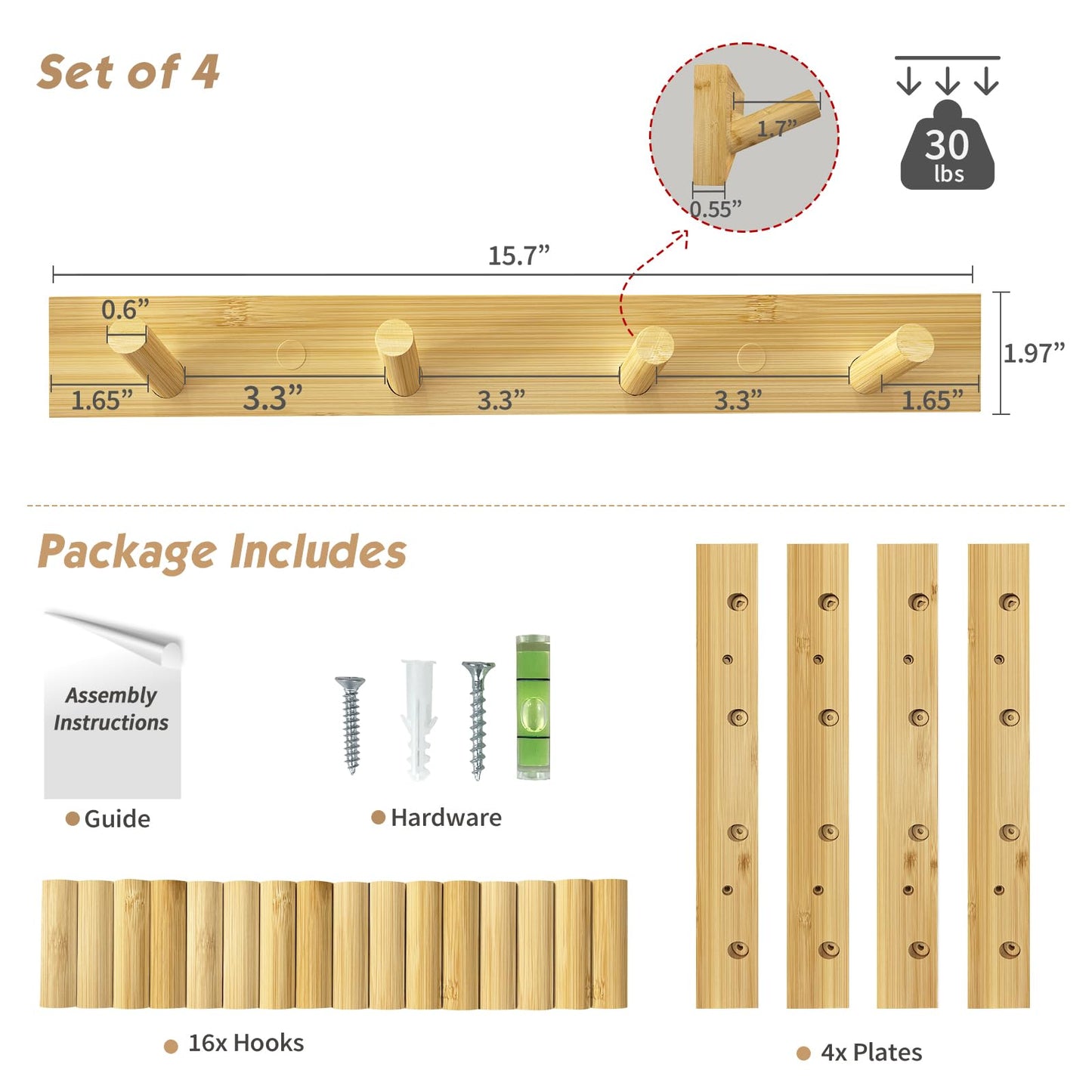 Forbena Natural Wood Coat Rack Wall Mount Set of 4, Wooden Wall Hooks for Bathroom Towels, Vertical Coat Hanger for Kids Room, Boys Girls Bedroom, Office, Entryway Keys Hats and Shoes -16 Hooks