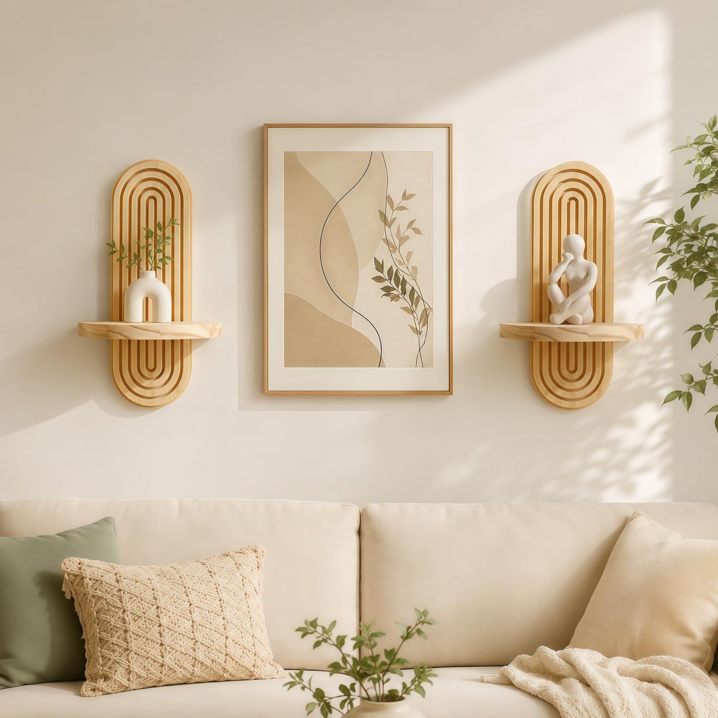 Joyzan Boho Wall Decor Floating Shelves for Wall, Rainbow Arch Wooden Plant Shelf Set Decorative Hanging Modern Small Home Display Living Room Bedroom Bathroom Nursery Plants Candles Holder Planter
