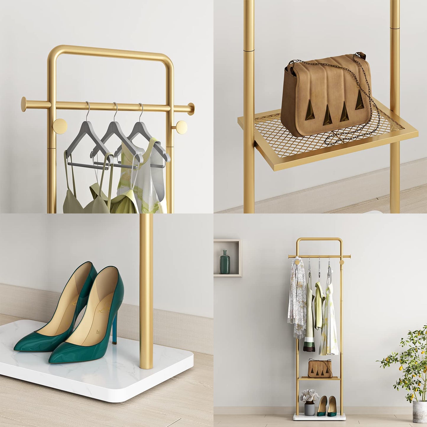 TIEOU Gold Clothes Racks with Shelf, Heavy Duty Gold Clothing Racks for Boutiques, Free-Standing Metal Garment Rack for Hanging Clothes, Modern Coat Rack Entryway(2 tier)