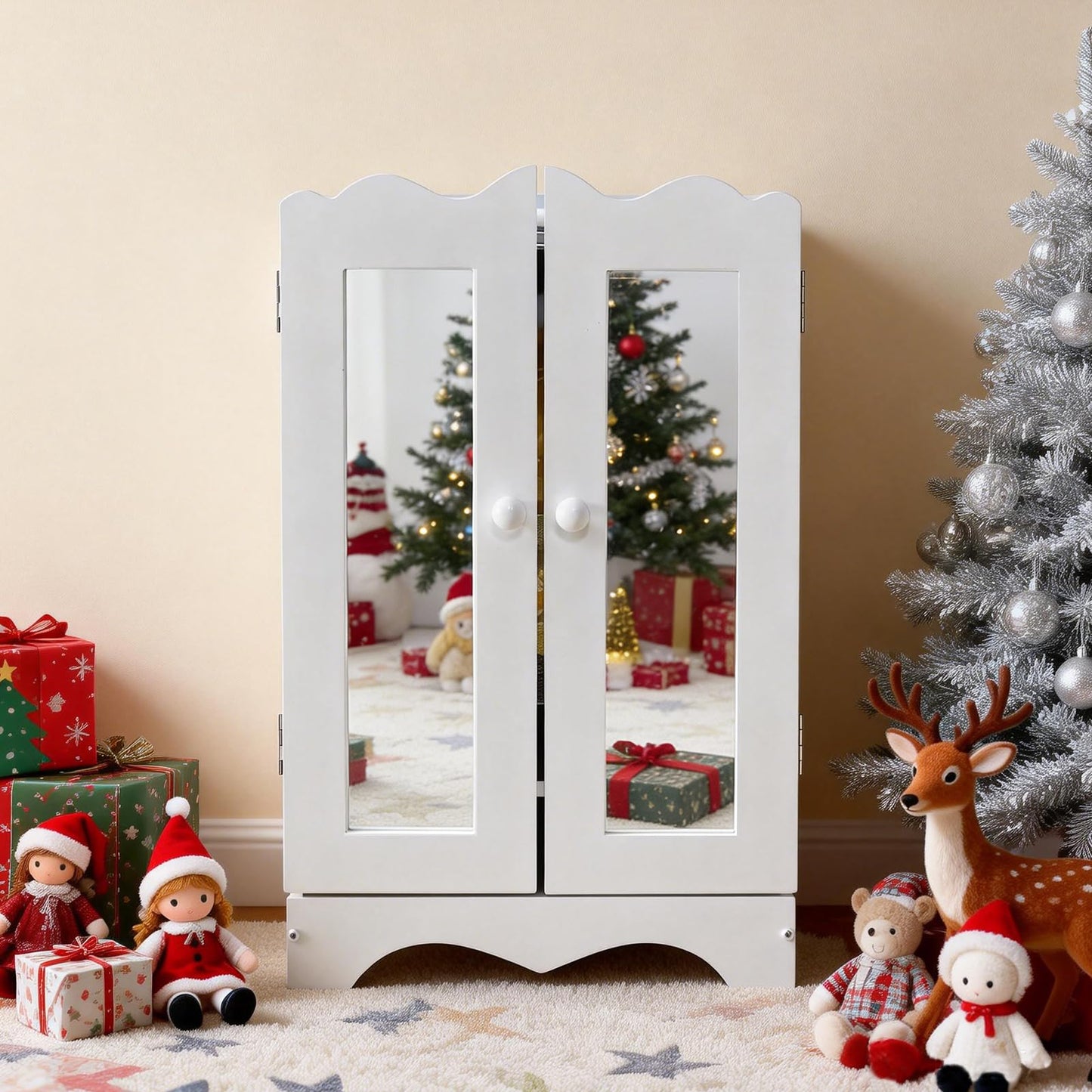 Wooden Doll Clothes Wardrobe with Mirror, 6 Hangers & Storage for 18 Inch Dolls, White Furniture Organizer for American Girl Doll & Barbie, Kids Toy for Organization & Imaginative Play