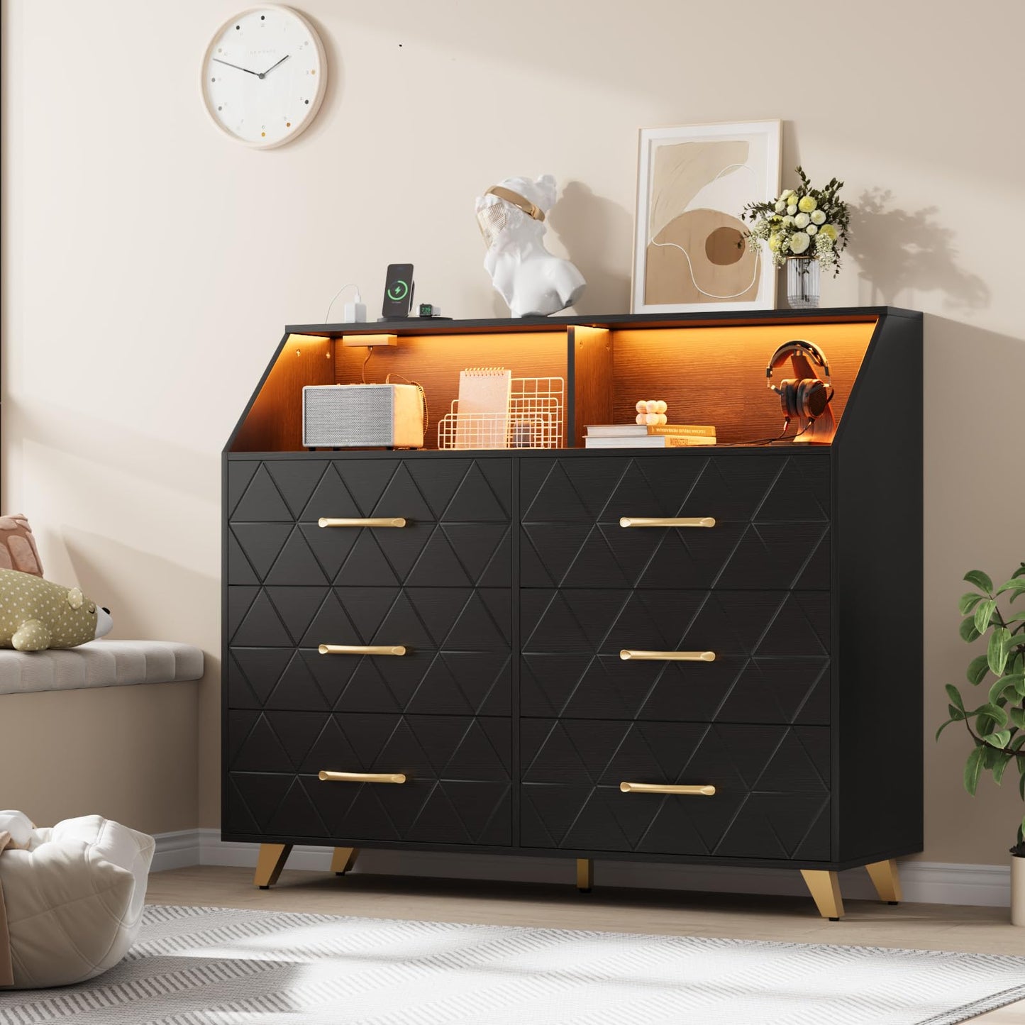 GarveeLife Modern 6 Drawer Dresser with LED Lights & Charging Station - Spacious Wooden Storage Cabinet - Sturdy Metal Legs - Ideal for Bedroom, Living Room, Hallway, Entryway - Color: Black