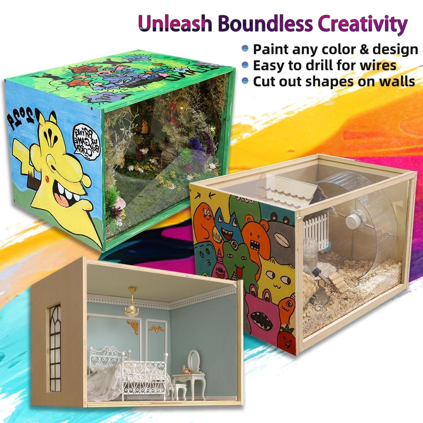 iLAND Wooden Diorama Box Large Display Boxes for Collectibles Figures Miniatures and a Dollhouse Room Box Unfinished 15.7“x 11”x11“ Quick-Build Without Screws or Glue, Dustproof Smooth Sturdy