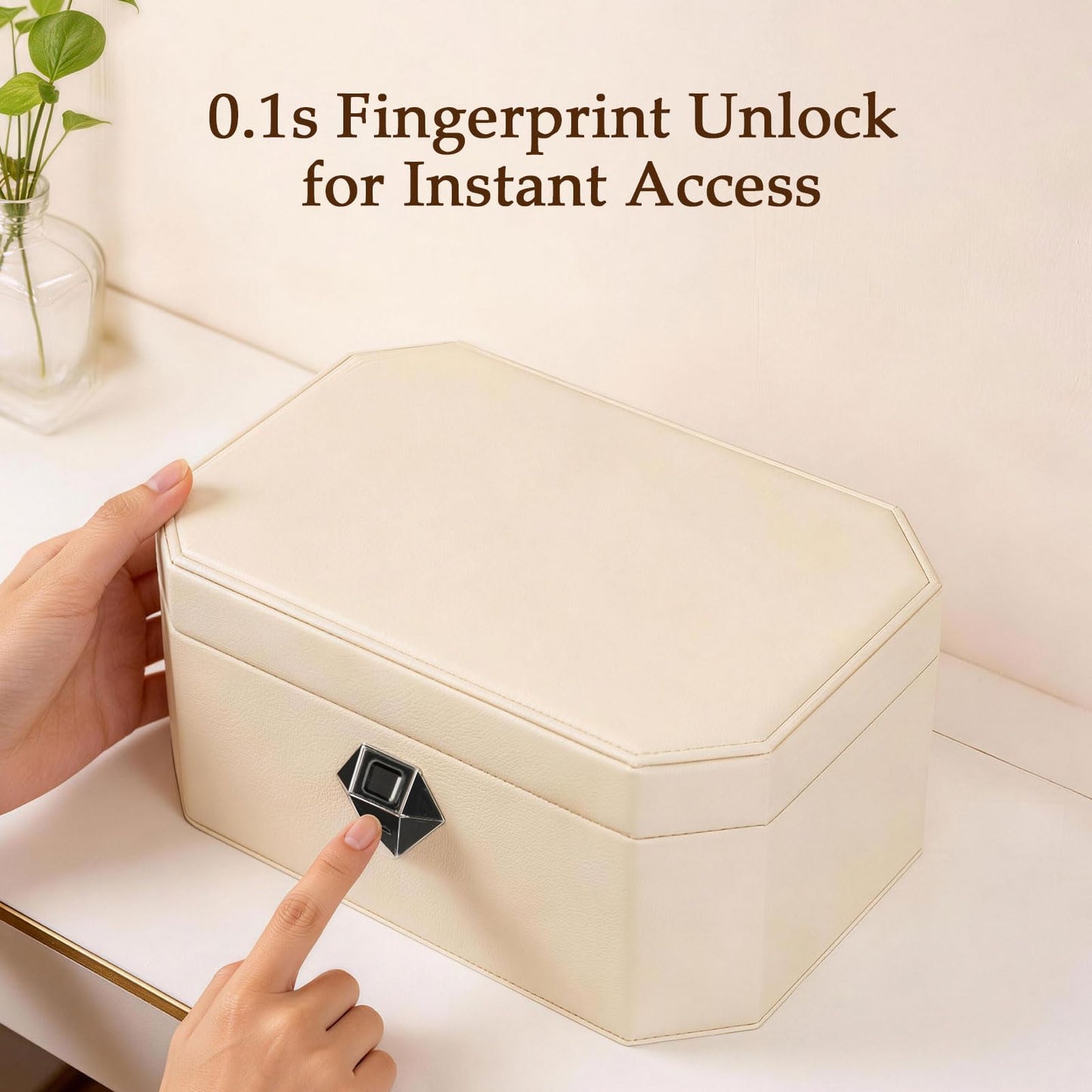 XPEDITION Biometric Fingerprint Lock Jewelry Safe Leather-Wrapped Two-Tier Jewelry Box with Quick Access & Keyless Entry, Perfect for Home Use