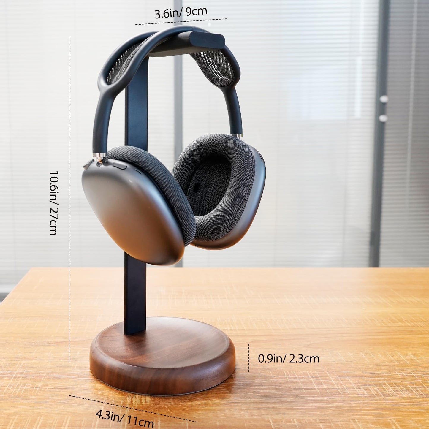 GEVO Headphone Stand for Desk - Walnut Wood & Aluminum Headset Stand, Universal Wooden Gaming Headphone Holder for AirPod Max, Bose, Sony, Razer, Jabra, JBL (Walnut Circular Base)