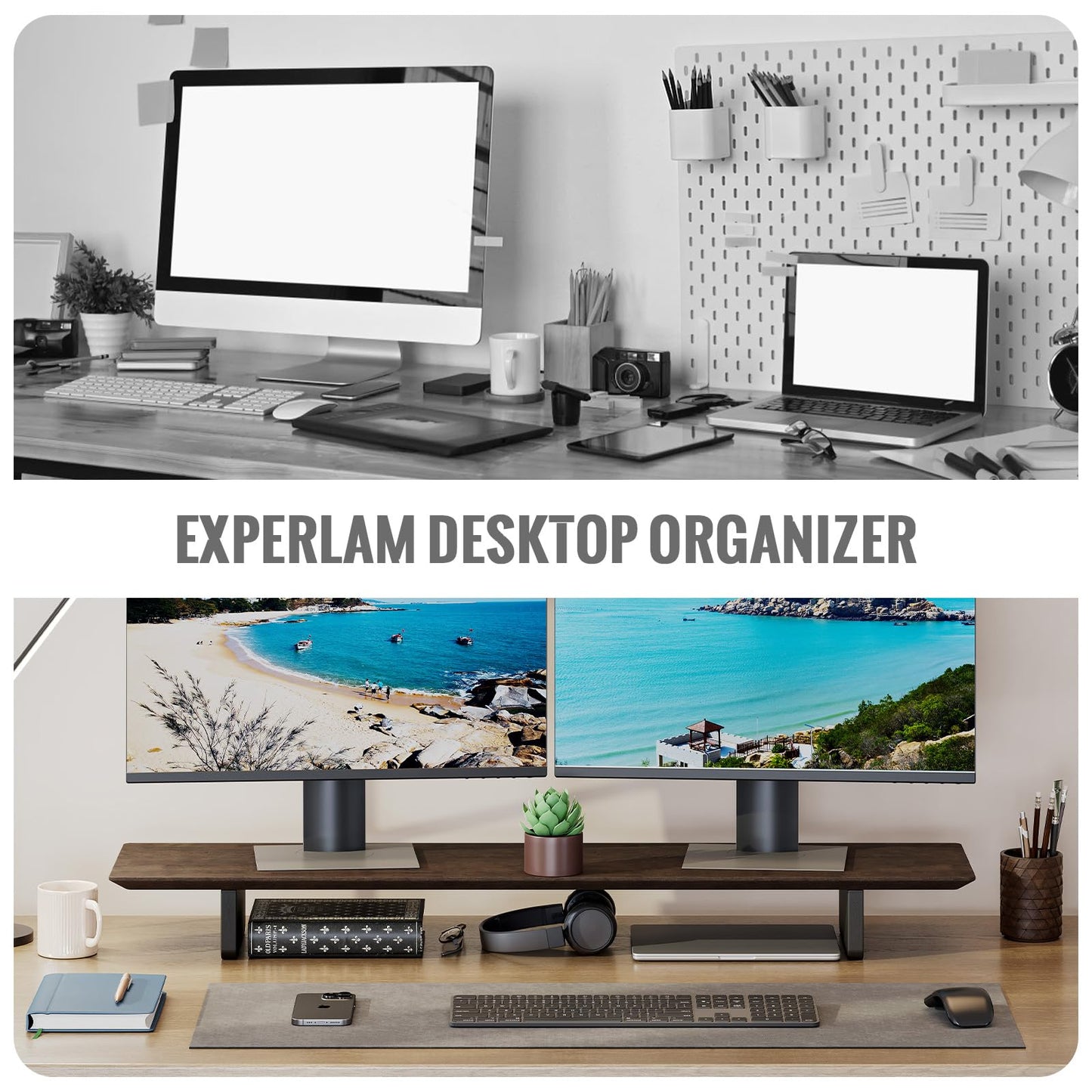 EXPERLAM Solid Wood Dual Monitor Stand Riser, 43 Inch Rubberwood Desk Shelf for Top of Desk, Wood Monitor Stand for Desk 2 Monitors up to 27", Desktop Organizer for Laptop, TV, Printer