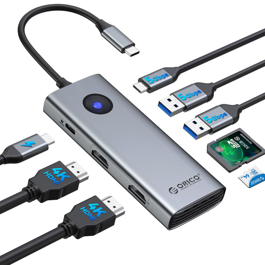 ORICO USB C Docking Station Dual Monitor, 8-in-1 Laptop Docking Station with 2 HDMI 4K@60Hz, 100W PD, USB-A&C 3.0, SD/TF, USB C Dock Compatible with MackBook/Dell XPS/HP/Surface