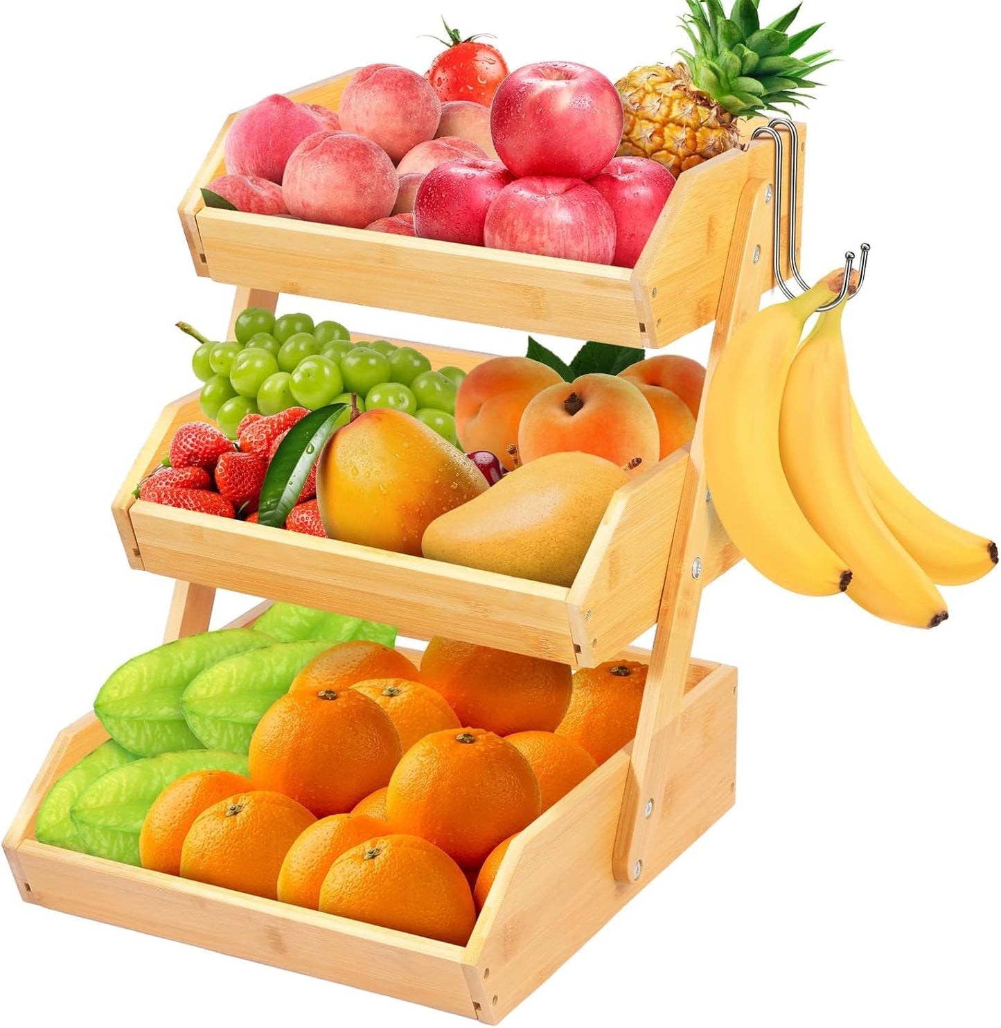 NadaKin Bamboo Fruit Basket 3 Tier for Kitchen Counter, Assemble Display Stand for Countertop with 2 Metal Hooks, Large Storage Organizer Produce Holder for Vegetables, Bread, Snacks