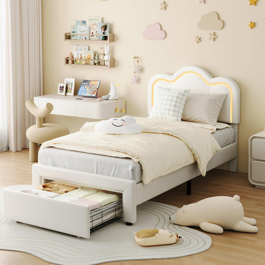 GarveeHome Twin Upholstered LED Bed Frame with Headboard and Storage Drawer, PU Leather Princess Platform Bed Frame for Kids, Wooden Slats Support, No Box Spring Needed (Cream)