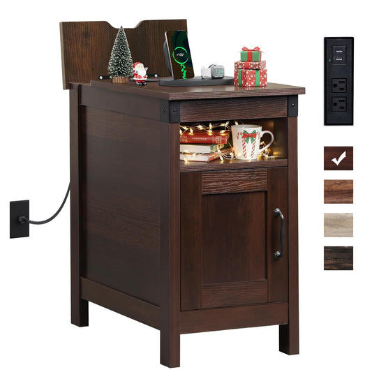WLIVE End Table with Charging Station, Narrow Side Table for Living Room, Farmhouse Night Stand with Storage, Small Wooden Nightstand with USB Ports and Outlets for Living Room and Bedroom, Espresso