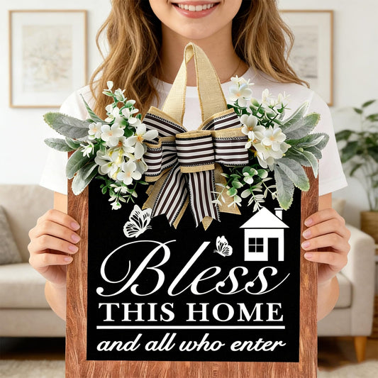 14'' Bless This Home and All Who Enter Wooden Door Sign - Welcome Wreaths for Front Door Rustic Bless This House Outdoor sign for Front Door, Housewarming Gift for Front Door Entryway Kitchen Garden and Porch All Seasons