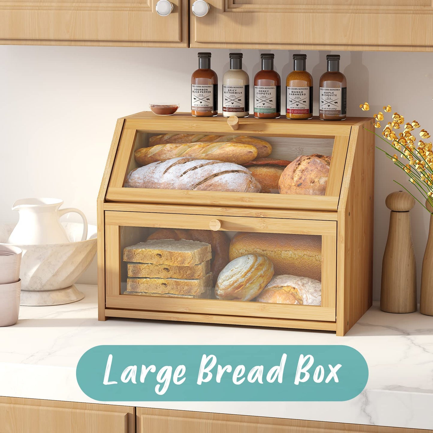 Vriccc Large Bread Box,Bamboo Wood for Kitchen Counter, Corner Bread Box, Large Capacity Bread Storage Bin