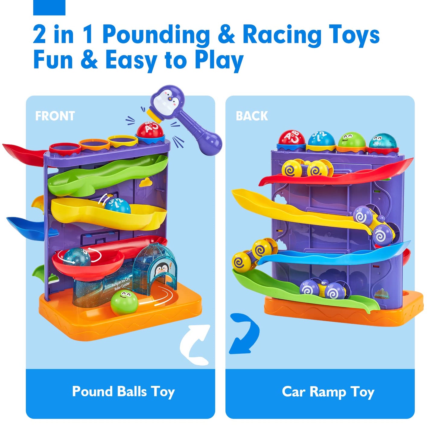 hahaland Ball Drop Toys for 1 Year Old, 2 in 1 Pound a Ball & Car Ramp Montessori Toys for 1 Year Old, Cause and Effect Toys with 4 Balls, 4 Cars & Squeaky Hammer, Toddler Birthday Gift 12M+