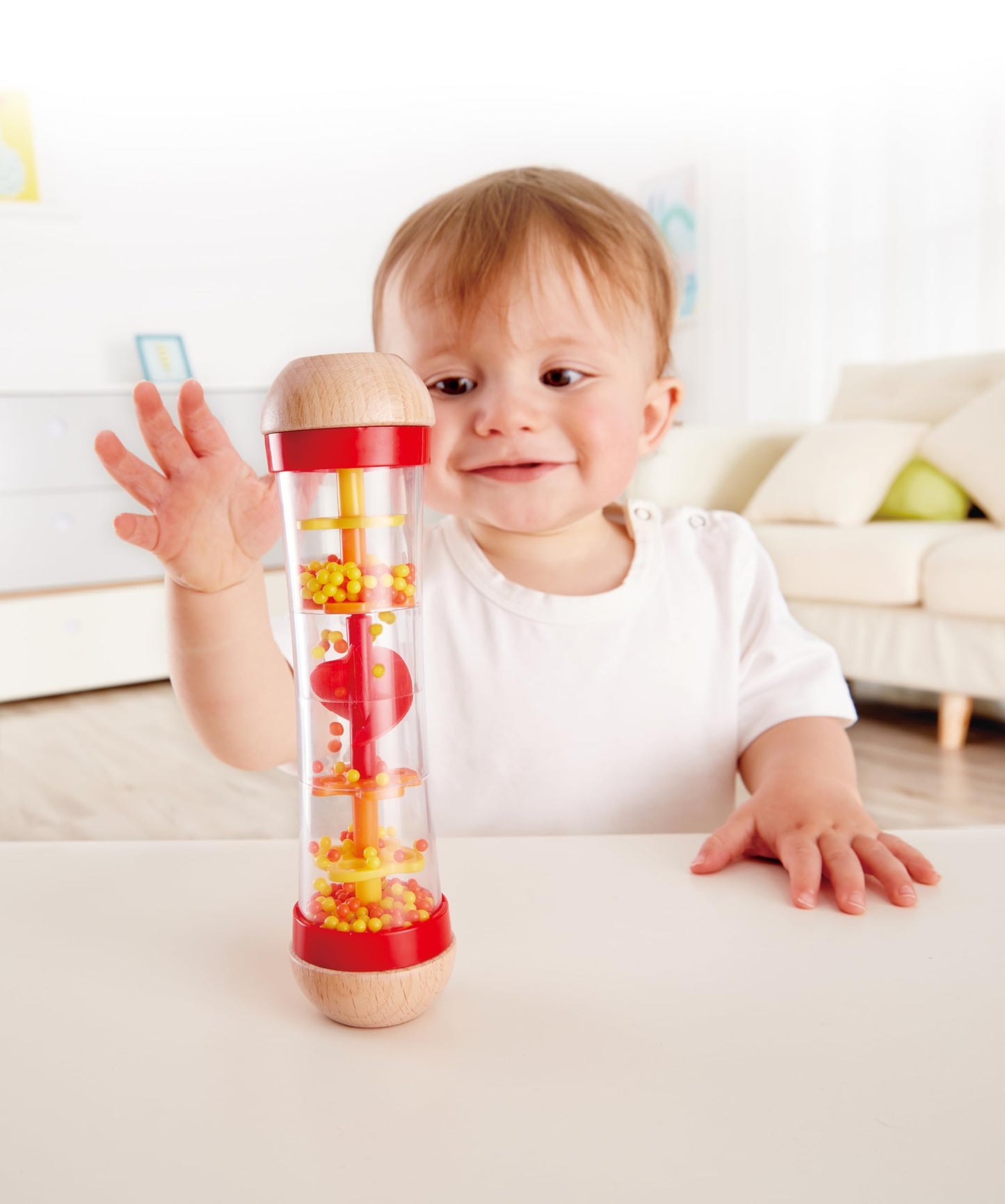 Hape Beaded Raindrops | Mini Wooden Musical Toddler Instrument, Shake & Rattle Rainmaker Toy, Red