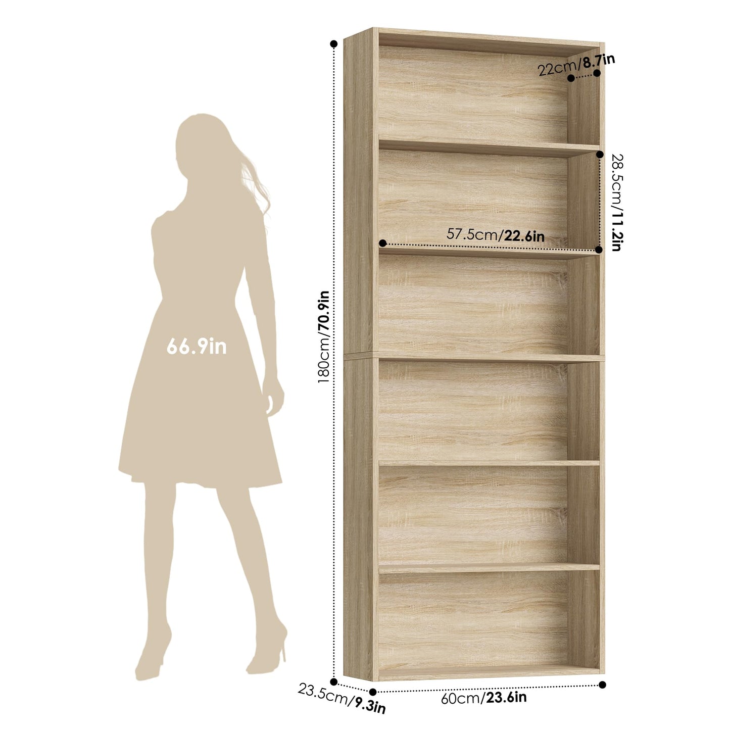 FOTOSOK 6-Tier Open Bookcase and Bookshelf, Freestanding Display Storage Shelves Tall Bookcase for Bedroom, Living Room and Office, Light Oak