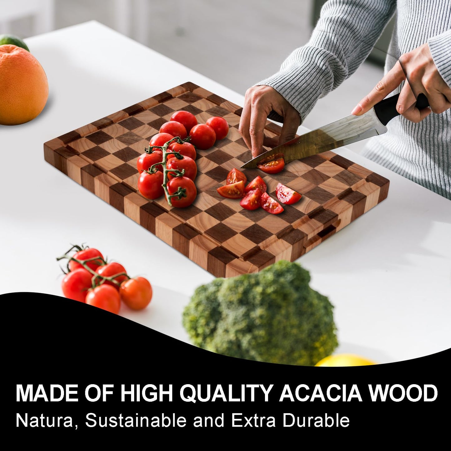 Cookaholic Acacia Wood Cutting Board, 20x15x1.5 Inch, Butcher Block for Kitchen, Premium Acacia Cutting Board with Juice Groove, End Grain Construction from Sustainable Acacia Wood